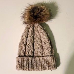 Aran Crafts Cable Knit Hat with Faux Fur Pom